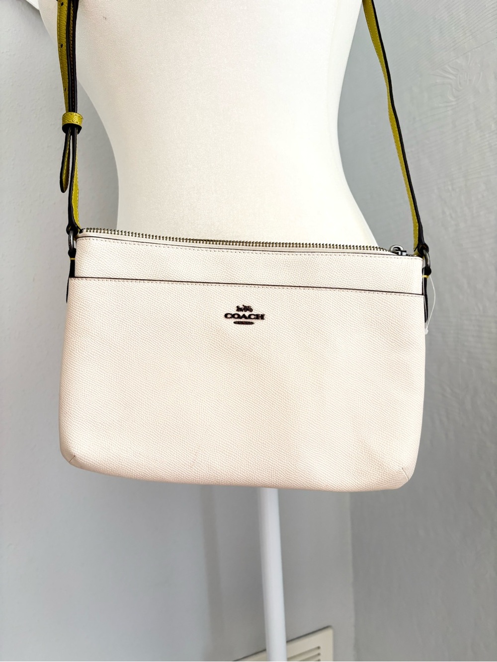Coach Chalk Pebbled Leather Crossbody with Yellow-Trim Strap